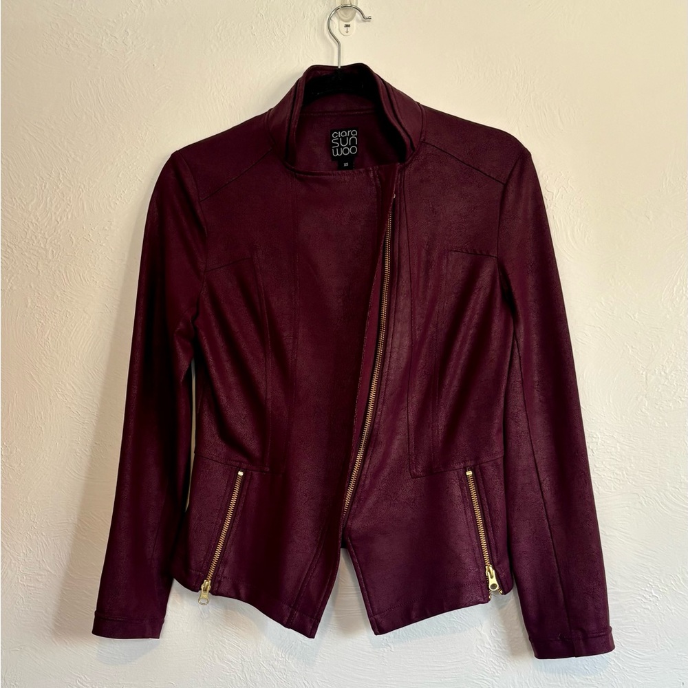 CLARA SUNWOO Burgundy Liquid Leather Jacket with Gold Accents